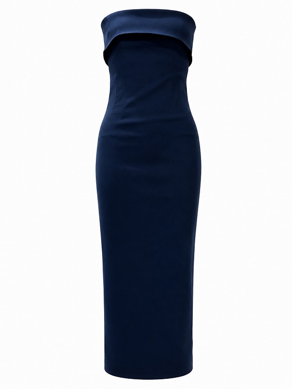 【新品DRESS 4190】フォールドオーバーベアトップストレッチタイトロングドレス ネイビー【VESPER】
